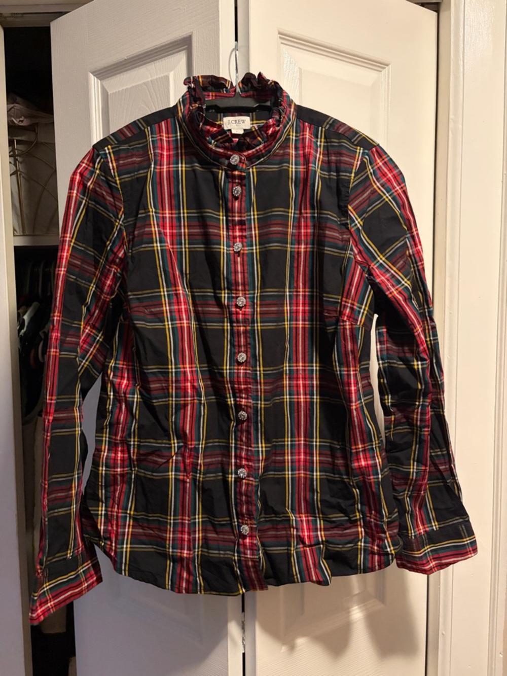 J. Crew Plaid Ruffle-Neck Rhinestone Button-Down Shirt